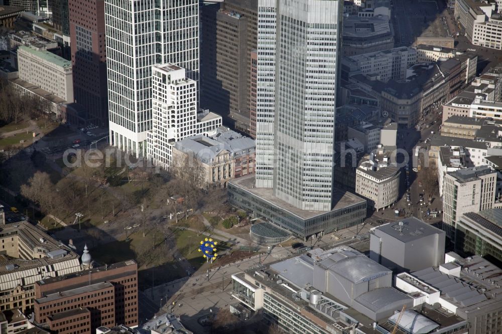 Aerial image Frankfurt am Main - High-rise buildings in Frankfurt am Main in the state Hesse. The Eurotower (front) and other high-rise buildings at the Willy- Brandt-Platz next to the Gallusanlage. The Eurotower was first used by the Bank for the Economy (BfG) and then used by the European Central Bank (ECB). According to the plans of the ECB, the Eurotower will become the seat of the Single Supervisory Authority (SSM) in the future