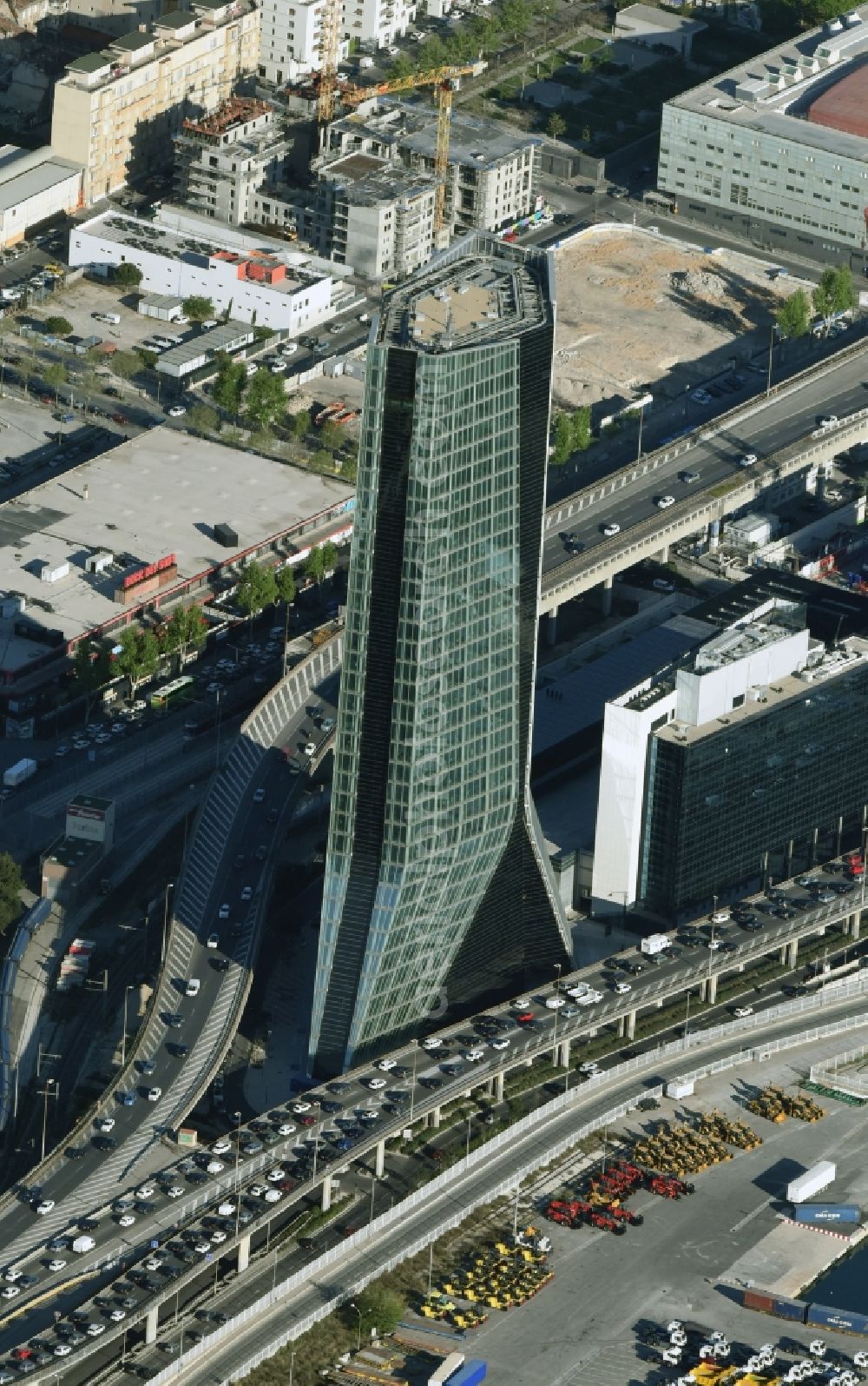 Aerial image Marseille - High-rise buildings Head Office CMA CGM Tower on Quai d'Arenc in Marseille in Provence-Alpes-Cote d'Azur, France