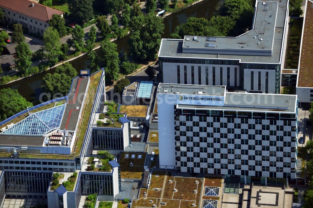 Berlin from above - The Hotel InterContinental in Berlin-Tiergarten is located in the Budapester Straße and opened 1958. It is a landmarked building and is known for its checkerboard facade