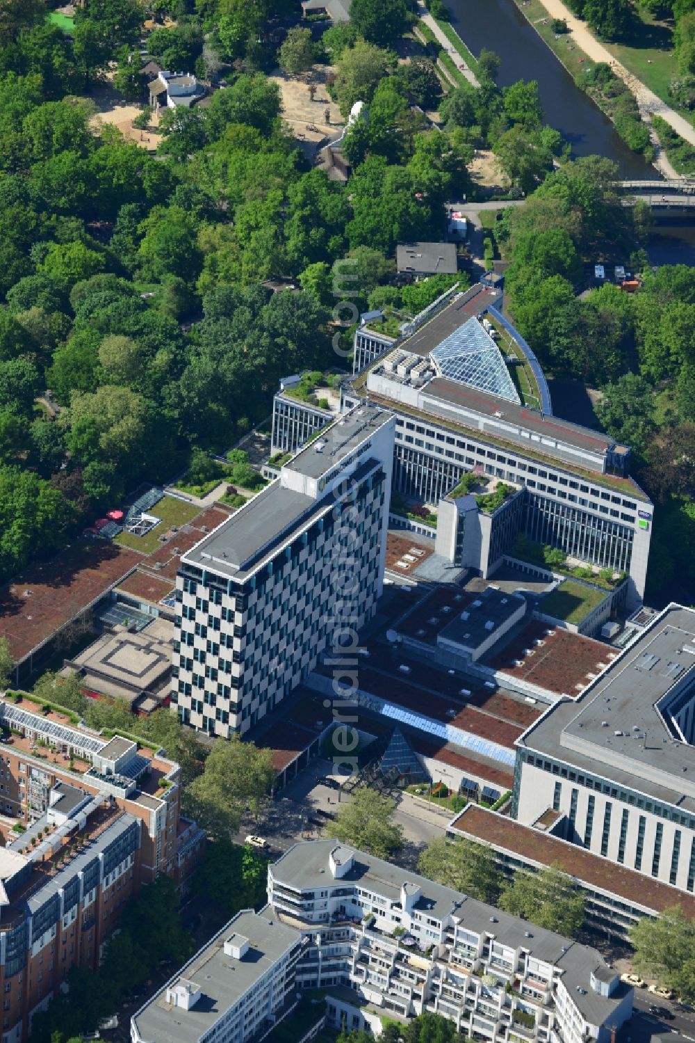 Berlin from above - The Hotel InterContinental in Berlin-Tiergarten is located in the Budapester Straße and opened 1958. It is a landmarked building and is known for its checkerboard facade