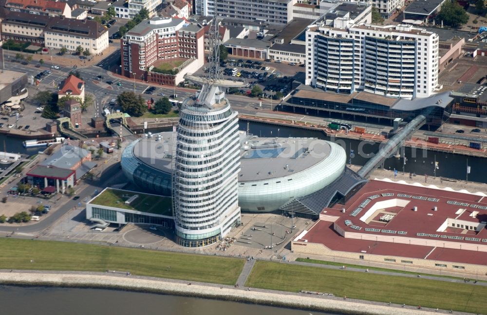 Bremerhaven from the bird's eye view: High-rise building of the hotel complex Atlantic Hotel Sail City and Klimahaus in Bremerhaven in the state Bremen, Germany