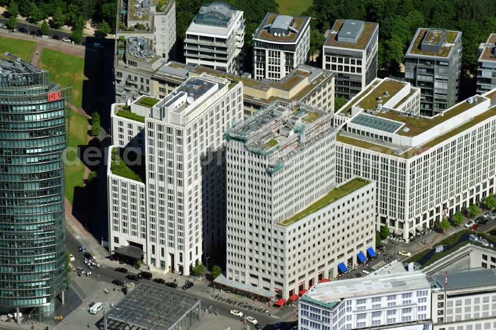 Berlin from above - High-rise building of the hotel complex Beisheim - Center on Potsdoner Platz corner Ebertstrasse in the district Mitte in Berlin, Germany