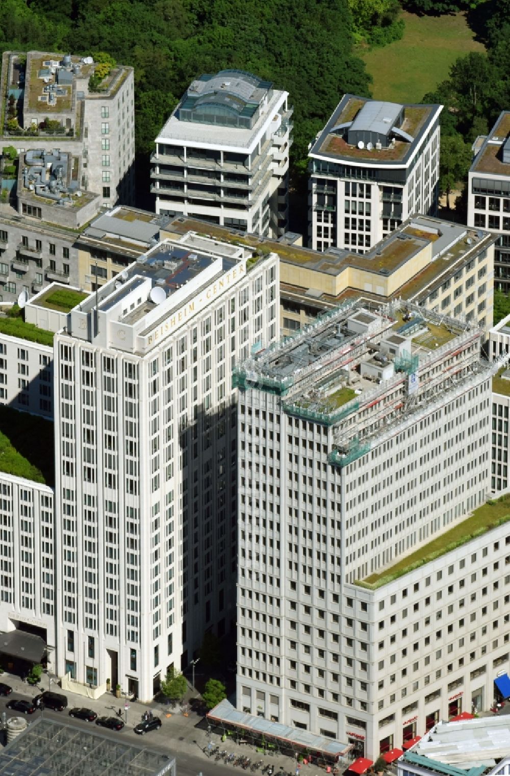 Berlin from the bird's eye view: High-rise building of the hotel complex Beisheim - Center on Potsdoner Platz corner Ebertstrasse in the district Mitte in Berlin, Germany