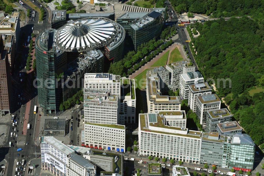 Berlin from above - High-rise building of the hotel complex Beisheim - Center on Potsdoner Platz corner Ebertstrasse in the district Mitte in Berlin, Germany