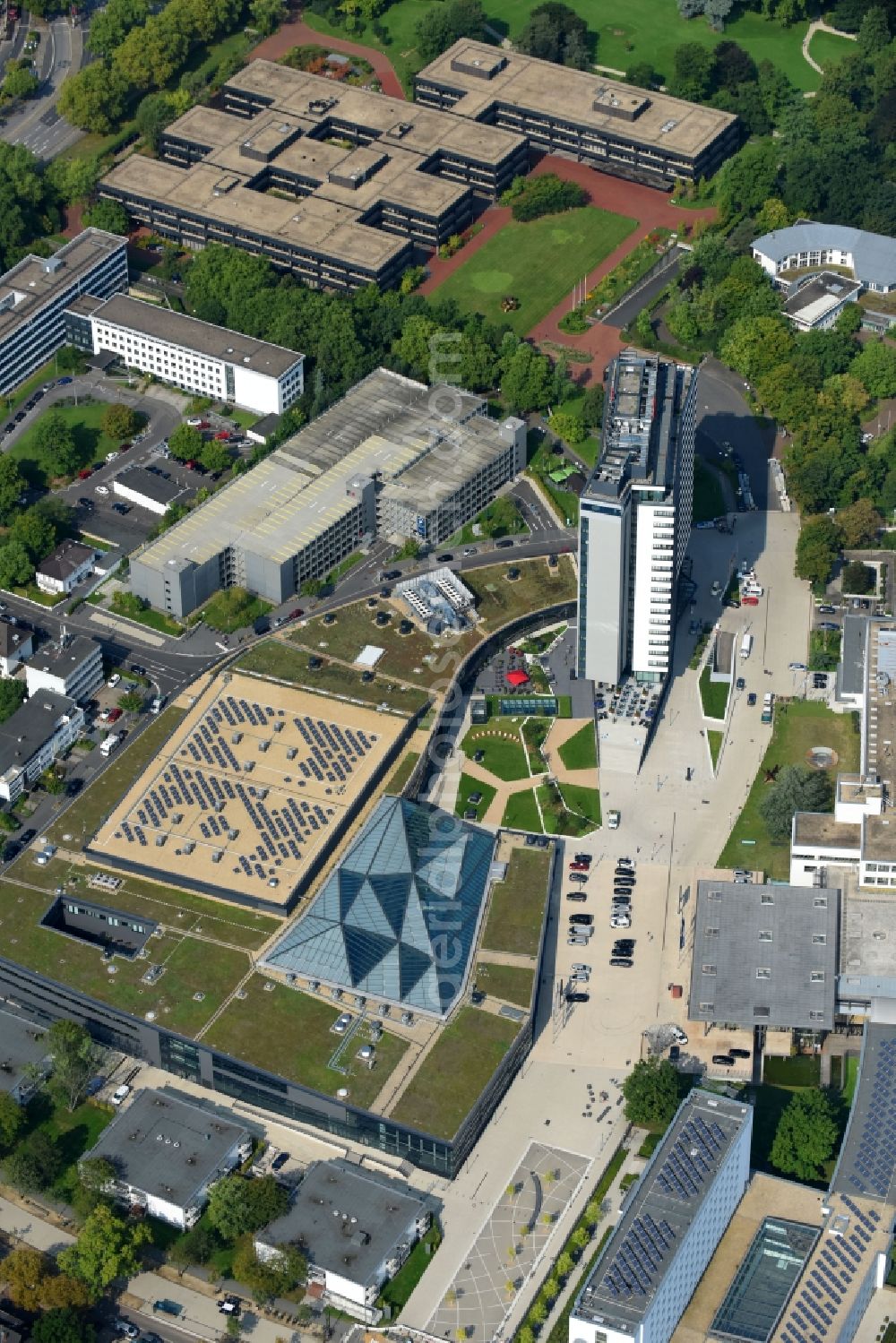 Aerial image Bonn - High-rise building of the hotel complex Bonn Marriott World Conference Hotel on Platz of Vereinten Nationen in Bonn in the state North Rhine-Westphalia, Germany