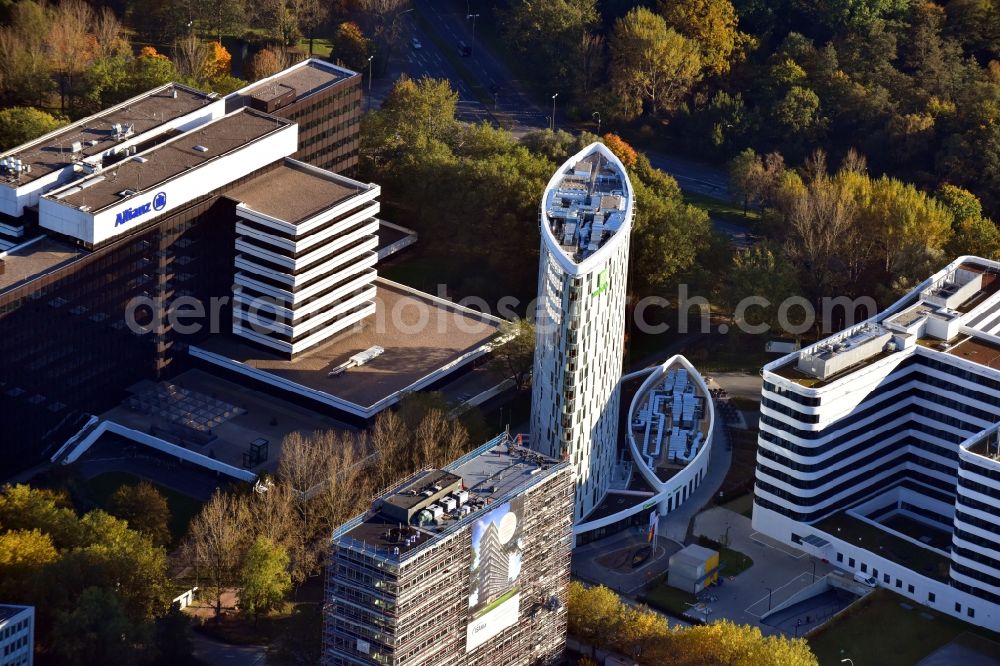 Hamburg from the bird's eye view: High-rise building of the hotel complex Holiday Inn Hamburg - City Nord in the district Winterhude in Hamburg, Germany