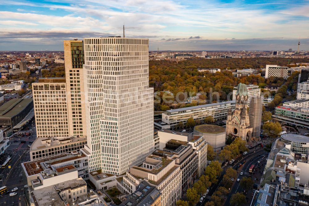 Berlin from the bird's eye view: High-rise building of the hotel complex Hotel Motel One Berlin-Upper West on Kantstrasse in Berlin, Germany