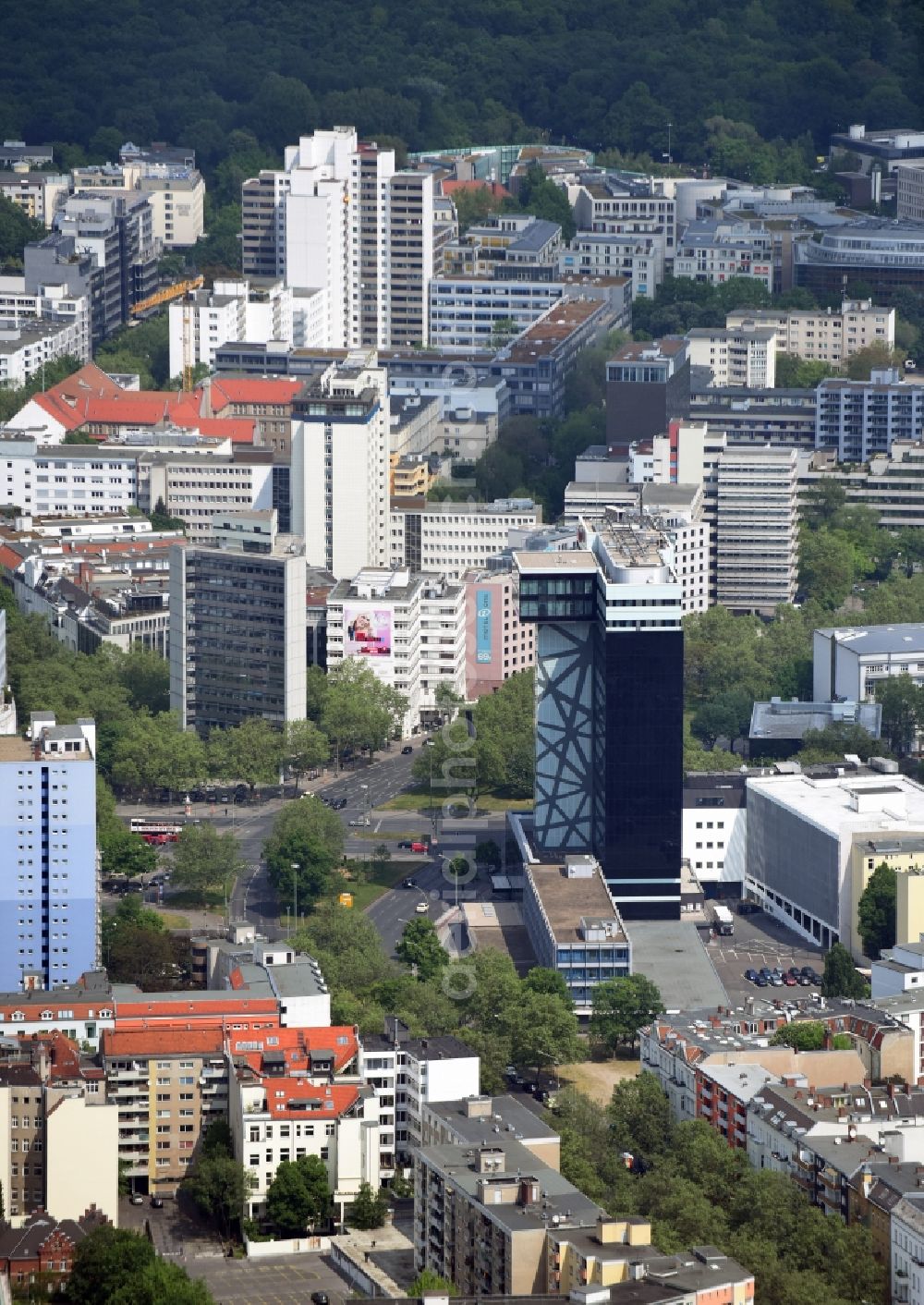 Berlin from the bird's eye view: High-rise building of the hotel complex Hotel Riu Plaza Berlin an der Martin-Luther-Strasse in Berlin in Berlin, Germany