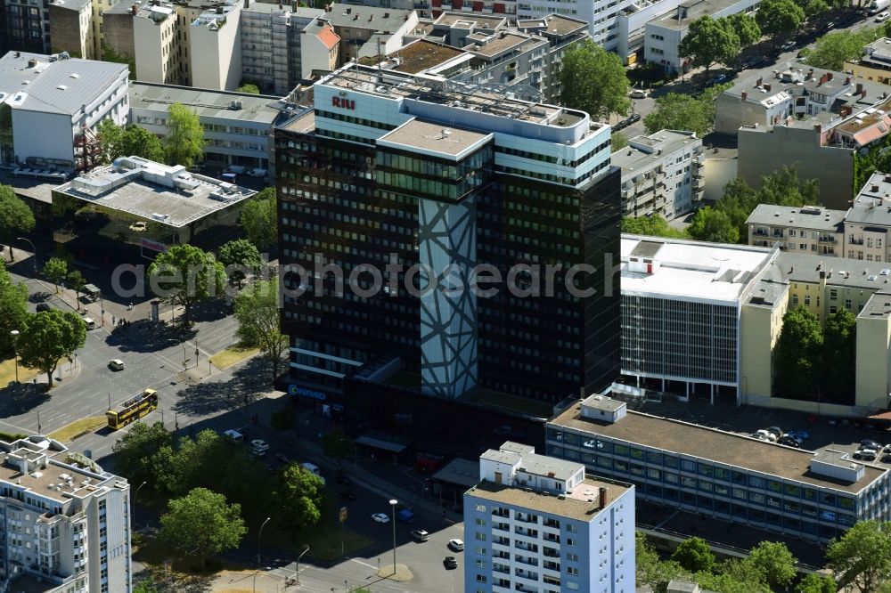 Berlin from above - High-rise building of the hotel complex Hotel Riu Plaza Berlin an der Martin-Luther-Strasse in Berlin in Berlin, Germany