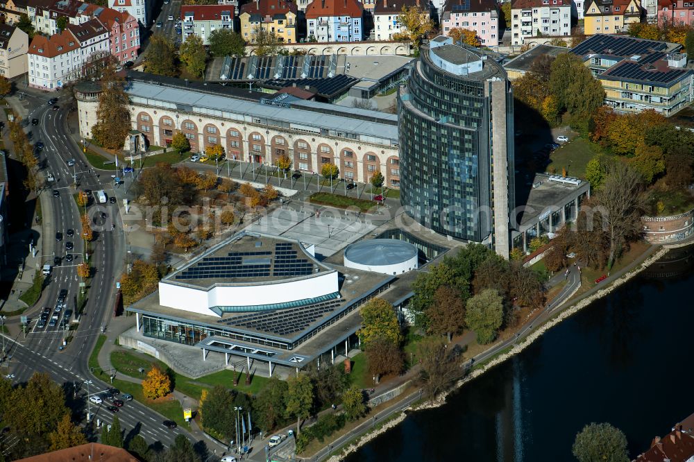 Aerial image Ulm - High-rise building of the hotel complex of Maritim Hotel Ulm at the bridge crossing the Danube on street Basteistrasse in Ulm in the state Baden-Wurttemberg, Germany