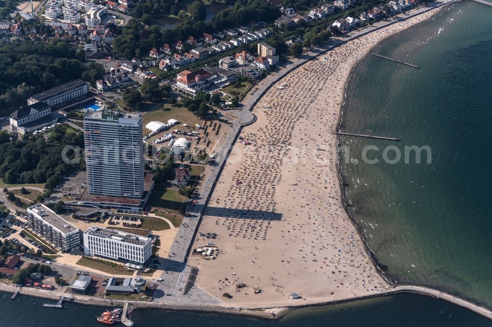 Travemünde from above - High-rise building of the hotel complex Maritim Strandhotel Travemuende on Trelleborgallee in Travemuende in the state Schleswig-Holstein, Germany