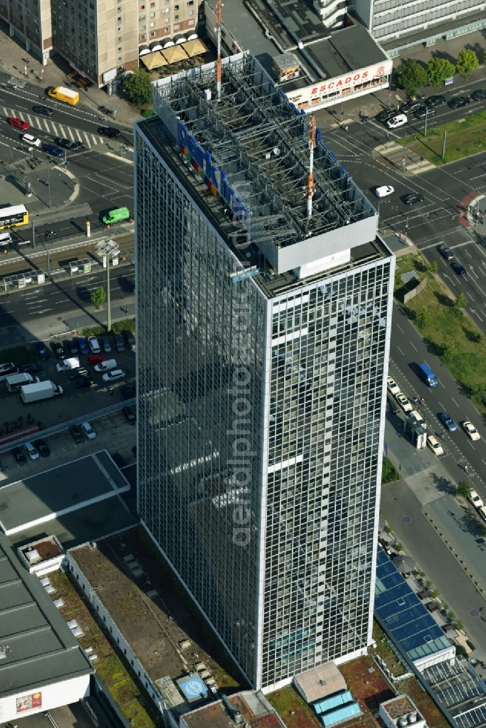 Berlin from above - High-rise building of the hotel complex Park Inn by Radisson Berlin Alexanderplatz Hotel on Tunnel Alexanderplatz in Berlin, Germany