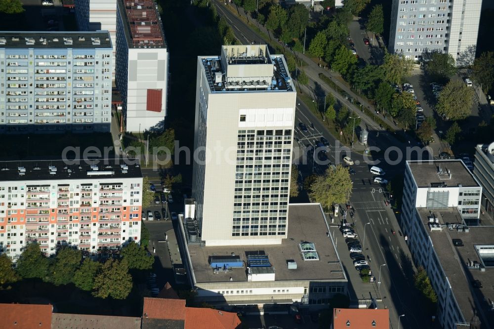 Aerial image Erfurt - High-rise building of the hotel complex Radisson Blu Hotel on Juri-Gagarin-Ring in Erfurt in the state Thuringia