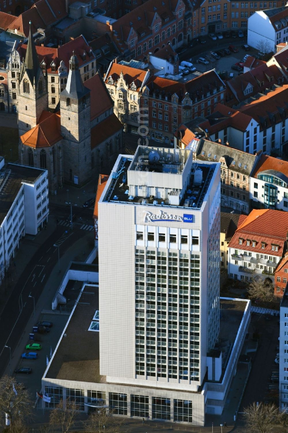 Erfurt from above - High-rise building of the hotel complex Radisson Blu Hotel on Juri-Gagarin-Ring in Erfurt in the state Thuringia, Germany