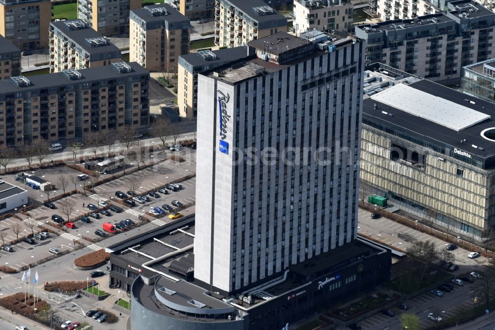 Kopenhagen from the bird's eye view: High-rise building of the hotel complex Radisson Blu Scandinavia on Amager Blvd. in Copenhagen in Denmark