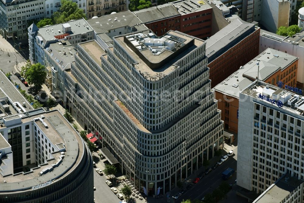 Aerial image Berlin - High-rise building of the hotel complex Sofitel Berlin Kurfuerstendamm on Augsburger Strasse corner Joachimsthaler Strasse in the district Charlottenburg in Berlin, Germany