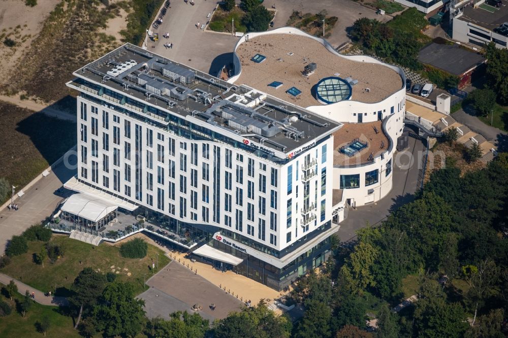 Rostock from above - High-rise building of the hotel complex a-ja Warnemuende. Das Resort Zur Promenade in Rostock in the state Mecklenburg - Western Pomerania, Germany