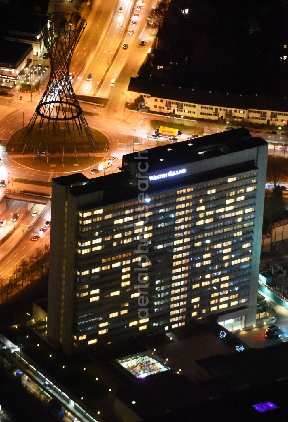 München from above - Night view High-rise building of the hotel complex WESTIN GRAND in Munich in the state Bavaria