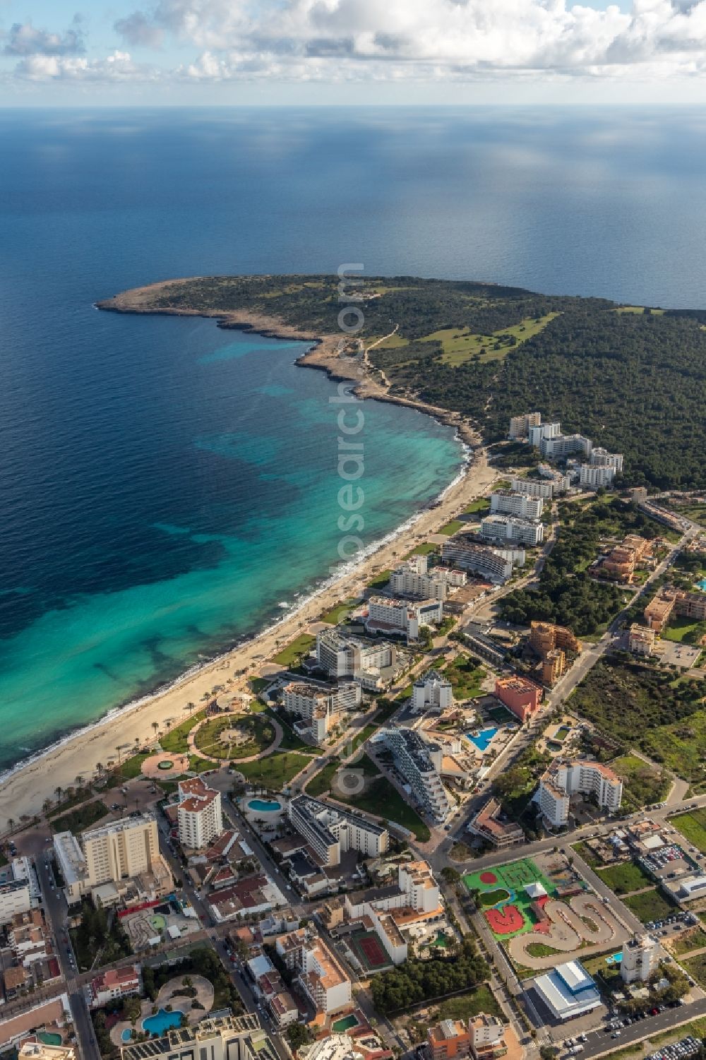 Son Servera from above - High-rise buildings of the hotel complex in Son Servera in Balearische Insel Mallorca, Spain