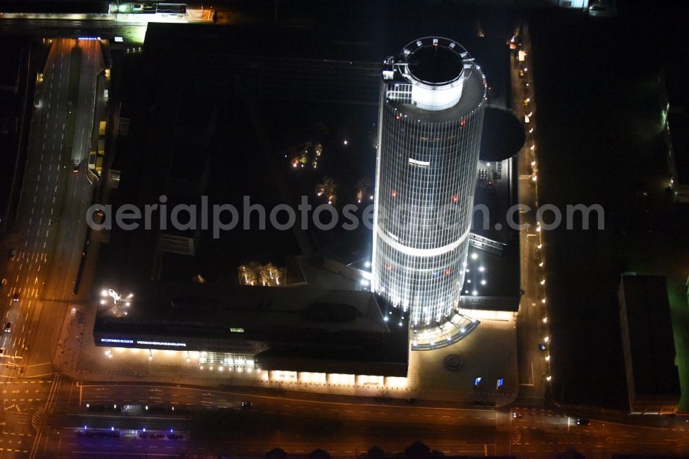 Aerial image Nürnberg - Night view of High-rise buildings Nuernberger Versicherungsgruppe on Ostendstrasse in Nuremberg in the state Bavaria