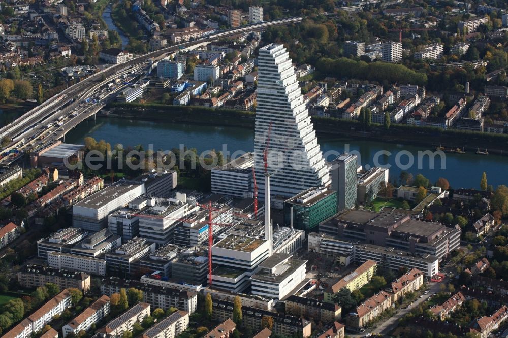 Basel from above - Skyscraper on the factory premises of the pharmaceutical Company Roche in Basel in Switzerland