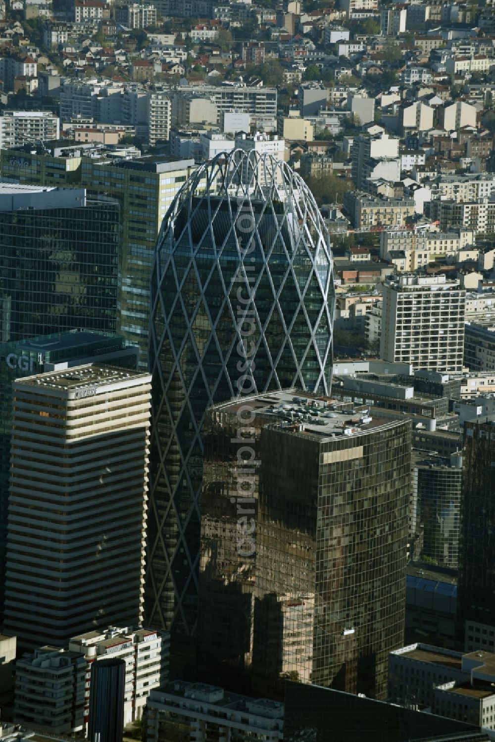 Aerial image Paris Courbevoie - High-rise building Tour D2 in the business quarter La Défense in Paris in Ile-de-France, France