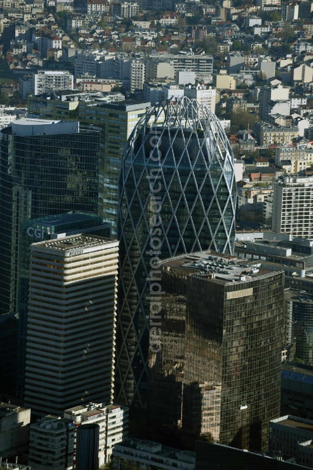 Aerial photograph Paris Courbevoie - High-rise building Tour D2 in the business quarter La Défense in Paris in Ile-de-France, France