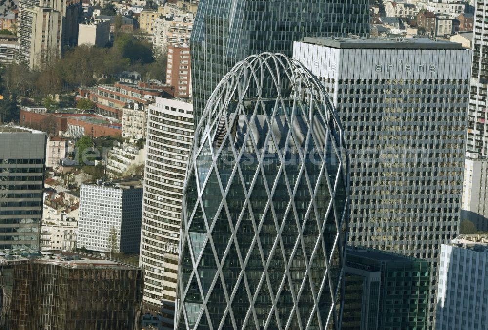 Aerial image Paris Courbevoie - High-rise building Tour D2 in the business quarter La Defense Courbevoie in Paris in Ile-de-France, France