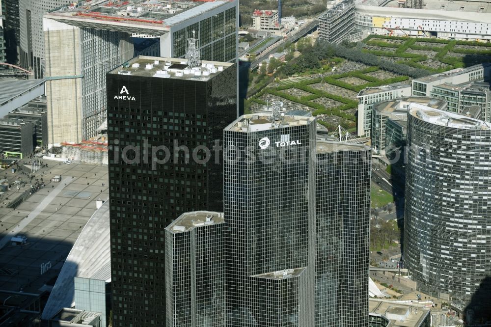 Paris from the bird's eye view: High-rise building Tour Total Coupole and Tour Areva on Place Jean Millier in the office and highrise quarter La Defense in Paris in Ile-de-France, France