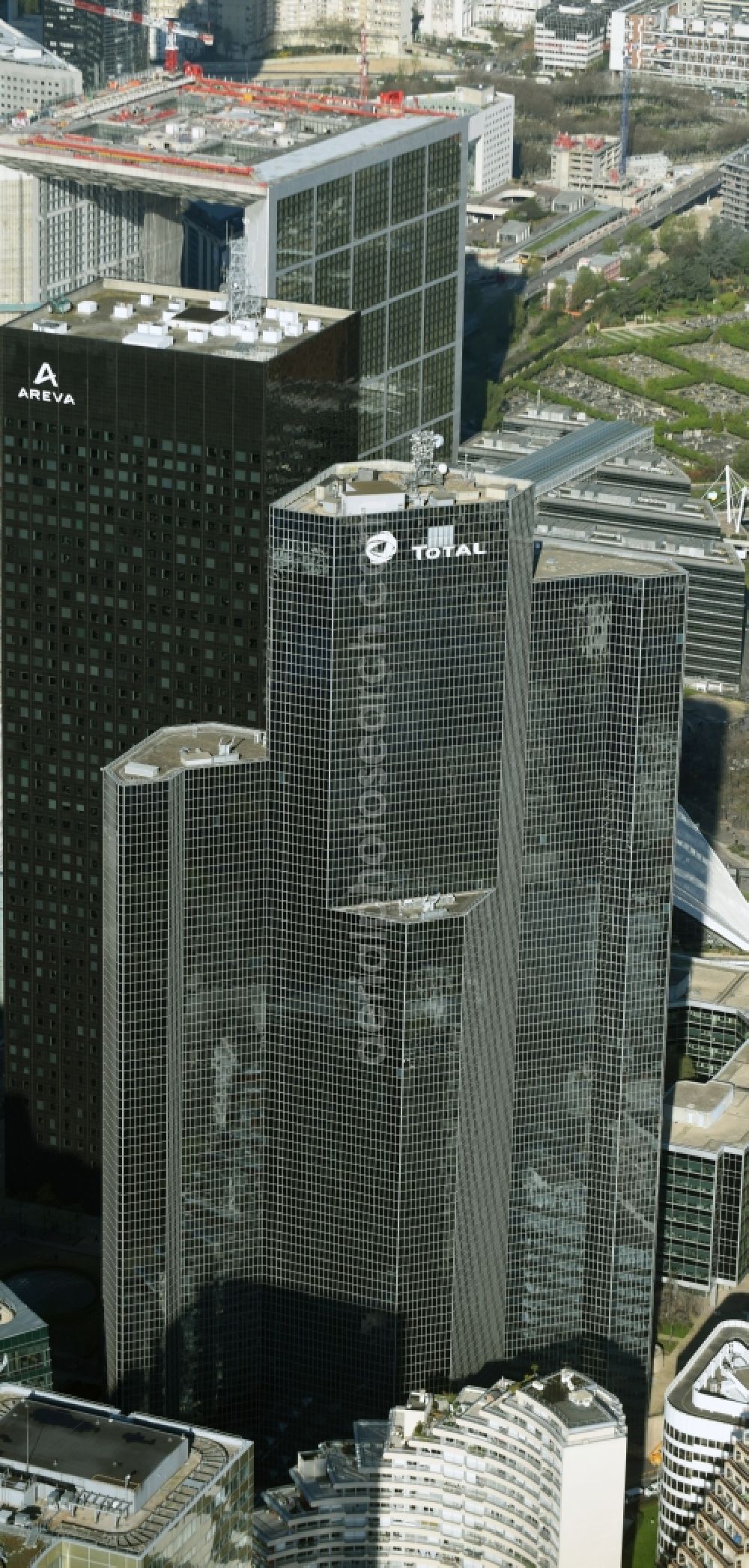 Aerial image Paris - High-rise building Tour Total Coupole and Tour Areva on Place Jean Millier in the office and highrise quarter La Defense in Paris in Ile-de-France, France