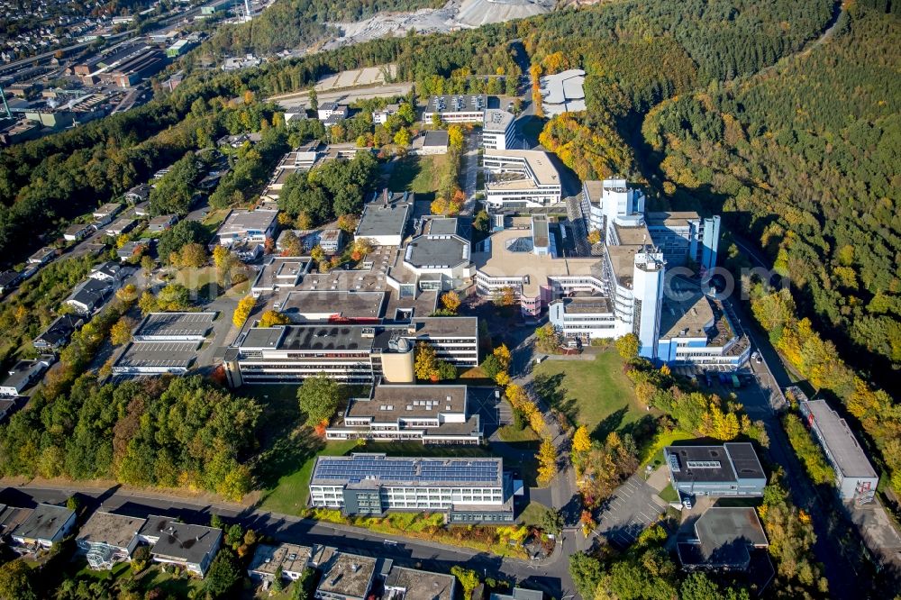 Siegen from the bird's eye view: High-rise building of the university Siegen on Campus Haardter Berg in Siegen in the state North Rhine-Westphalia