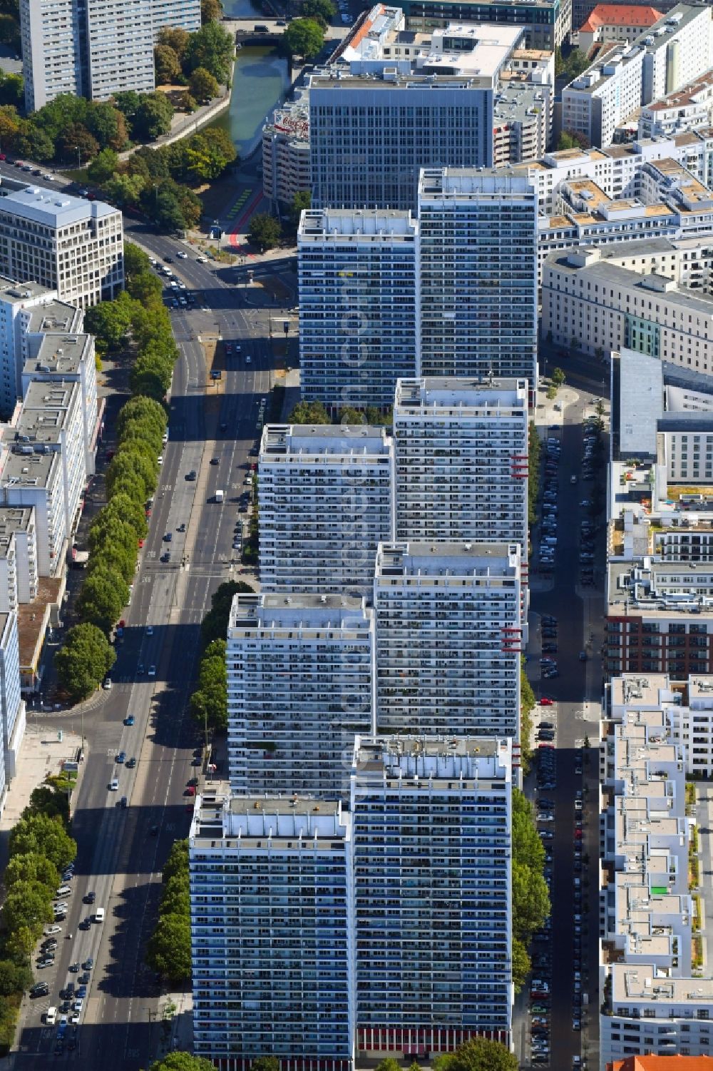 Aerial image Berlin - High-rise building in the residential area along the Leipziger Strasse in the district Mitte in Berlin, Germany