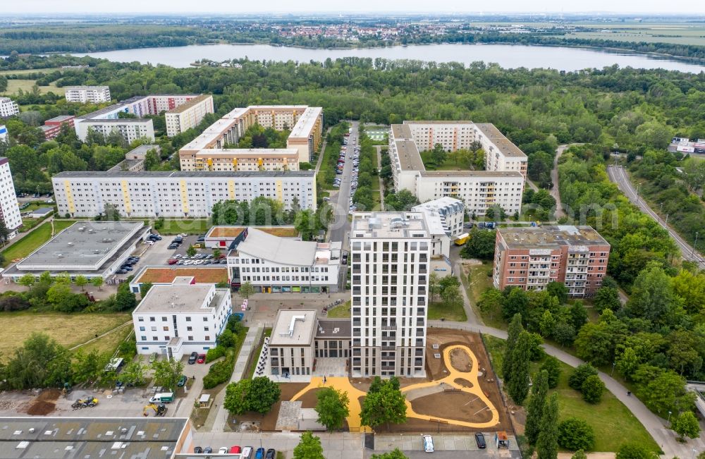 Leipzig from above - High-rise building in the residential area Lipsia-Turm in the district Gruenau-Mitte in Leipzig in the state Saxony, Germany