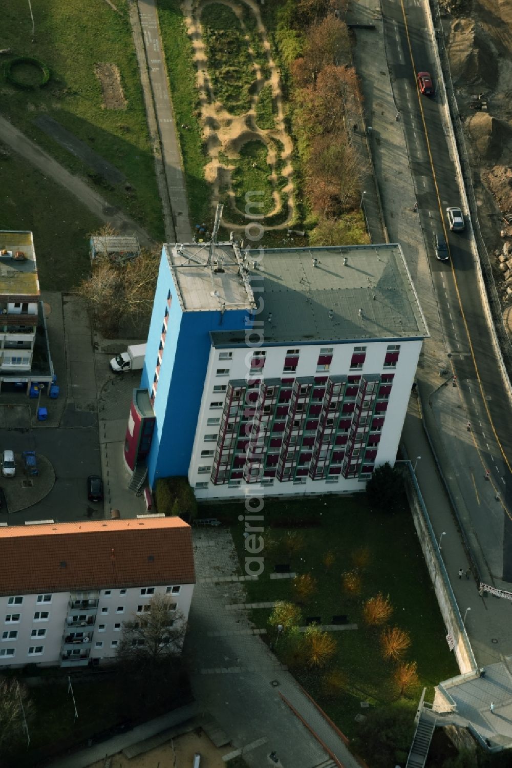 Frankfurt (Oder) from above - High-rise building in the residential area Rosa-Luxemburg-Strasse in Frankfurt (Oder) in the state Brandenburg