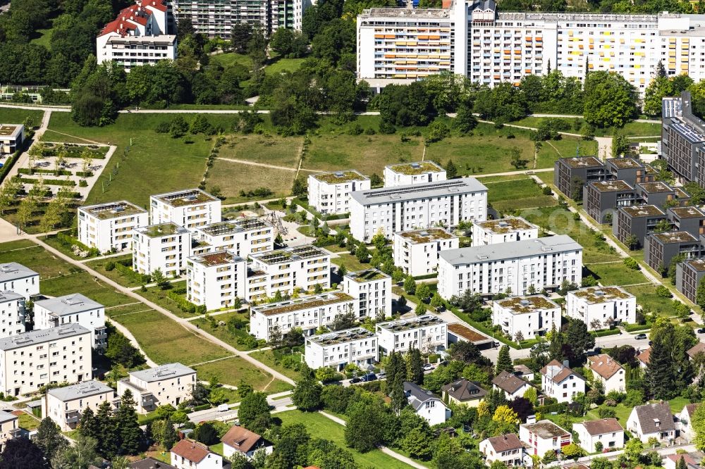 München from above - High-rise building in the residential area on Schroefelhofstr in Munich in the state Bavaria, Germany