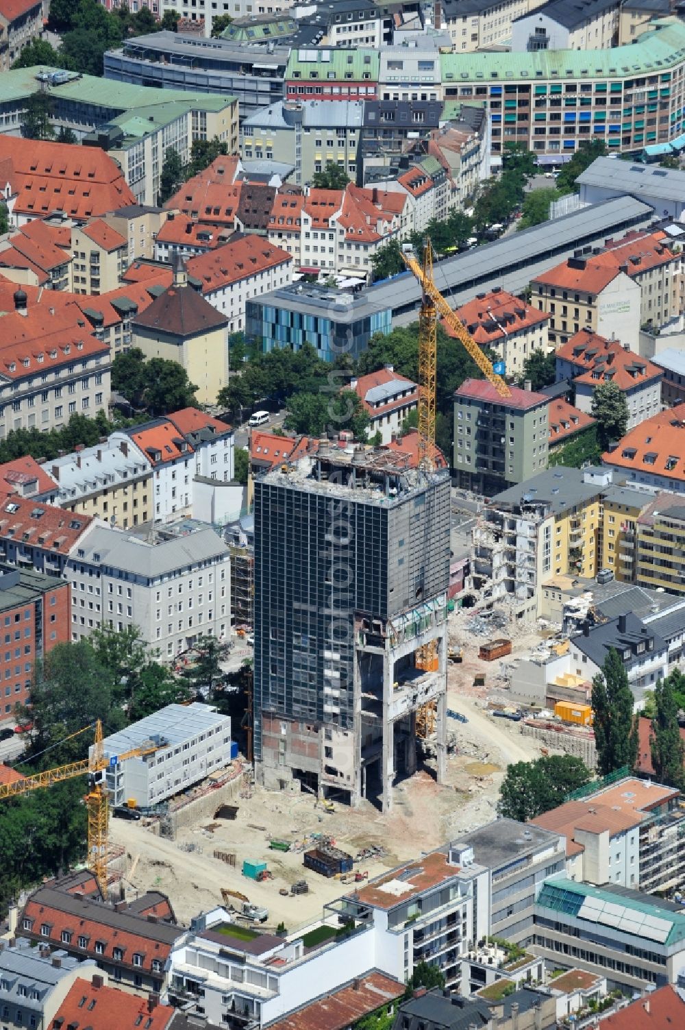 München from above - High-rise building in the residential area The Seven on Gaertnerplatzviertel in Munich in the state Bavaria, Germany