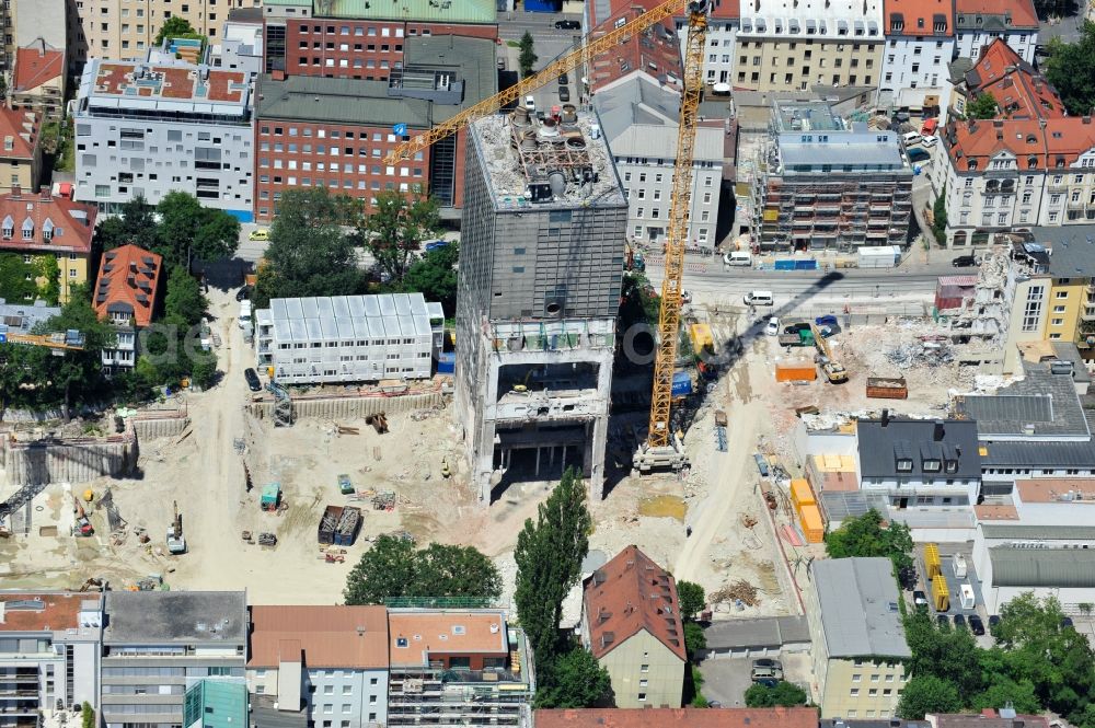 München from the bird's eye view: High-rise building in the residential area The Seven on Gaertnerplatzviertel in Munich in the state Bavaria, Germany