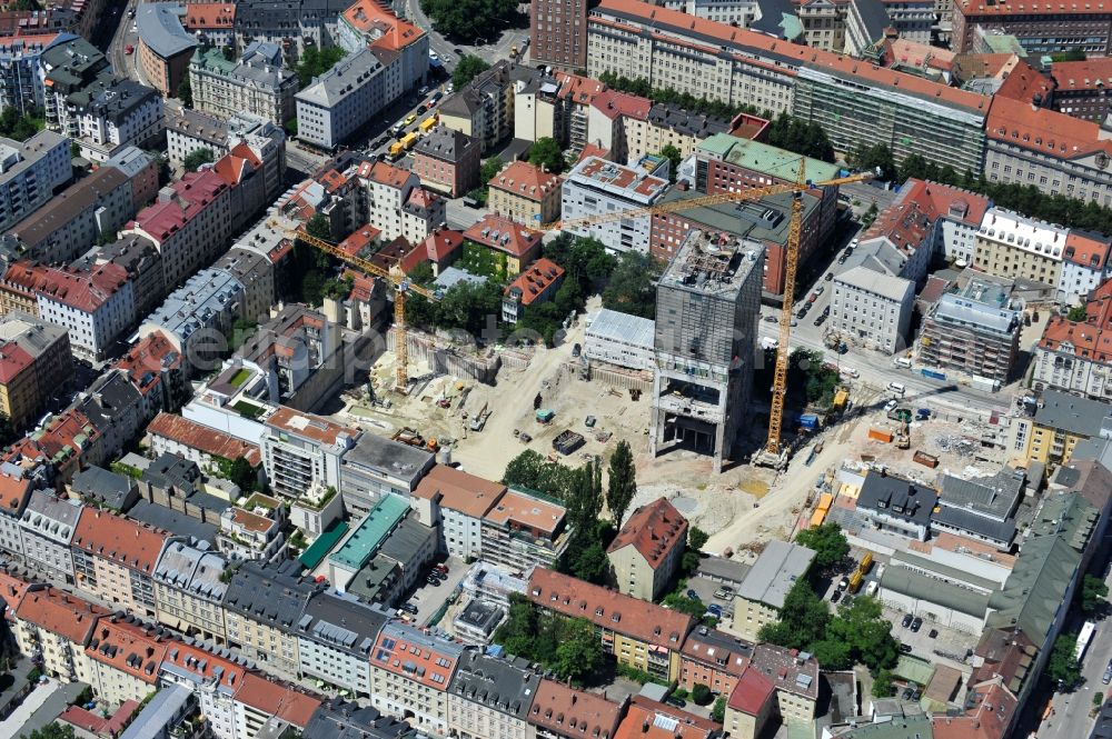 München from the bird's eye view: High-rise building in the residential area The Seven on Gaertnerplatzviertel in Munich in the state Bavaria, Germany