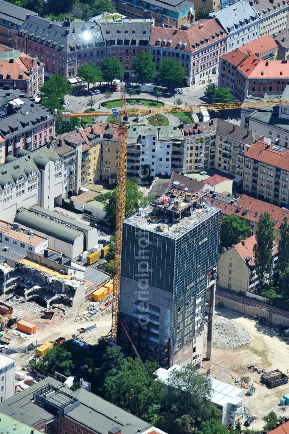 München from the bird's eye view: High-rise building in the residential area The Seven on Gaertnerplatzviertel in Munich in the state Bavaria, Germany