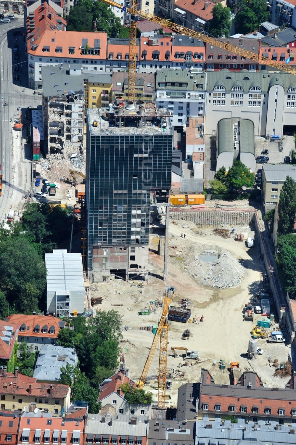 München from above - High-rise building in the residential area The Seven on Gaertnerplatzviertel in Munich in the state Bavaria, Germany