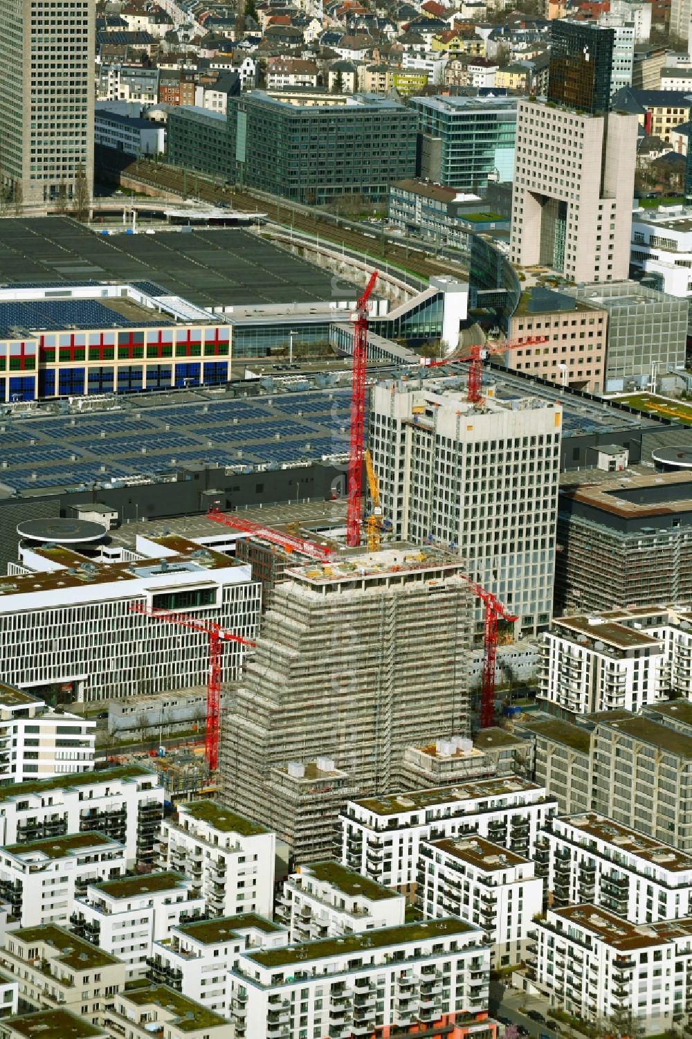 Frankfurt am Main from above - High-rise building in the residential area SOLID Home an der Niedernhausener Strasse - Europaallee in the district Gallus in Frankfurt in the state Hesse, Germany