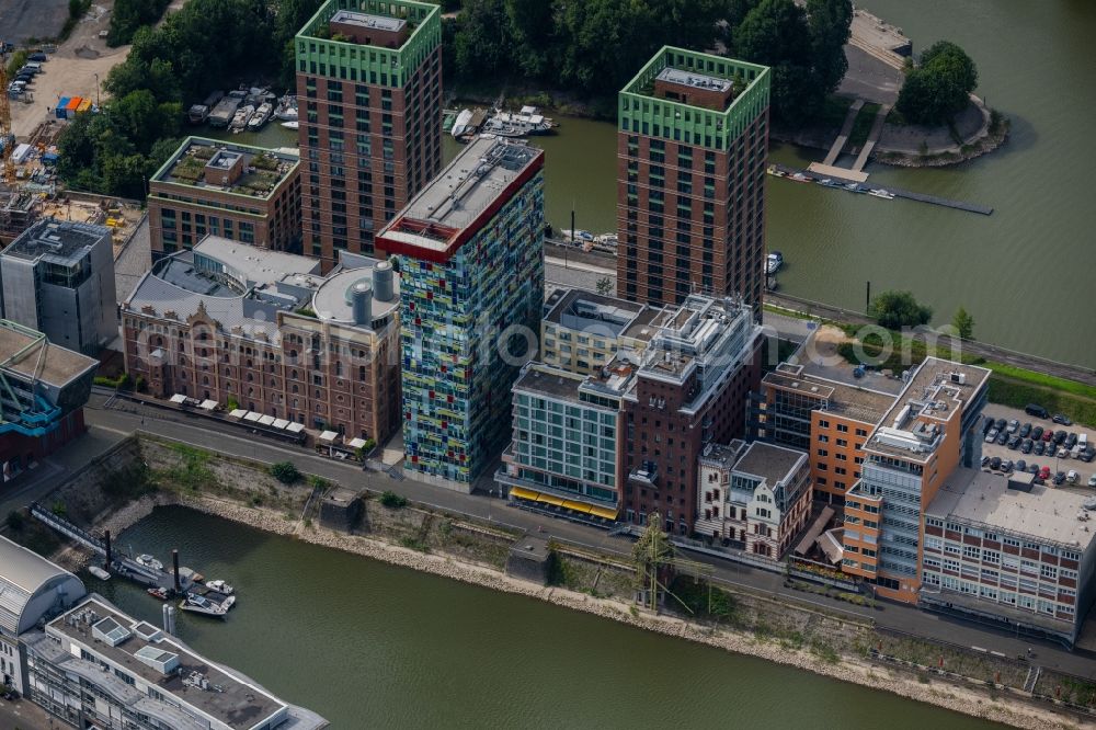 Aerial image Düsseldorf - High-rise building complex Duesseldorfer Heimathafen of the project WIN WIN on Speditionstrasse in Duesseldorf at Ruhrgebiet in the state North Rhine-Westphalia, Germany