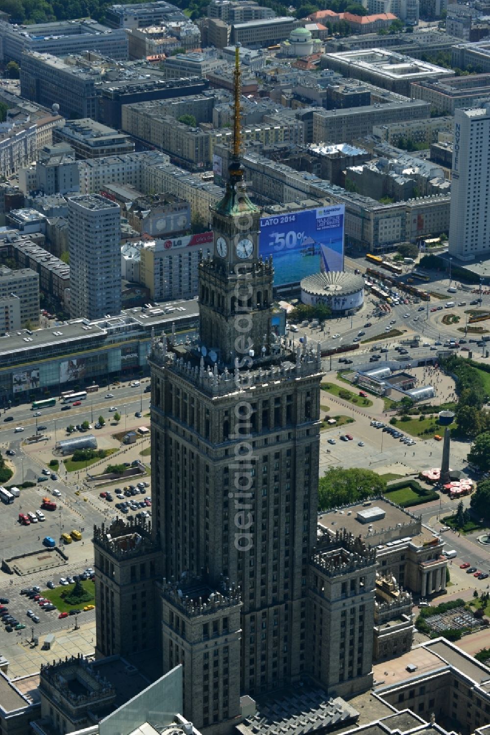 Warschau from above - View on the landmark in the city center, the high-rise building complex of the Palace of Culture and Science (Palac Kultury i Nauki Polish) in Warsaw in Poland