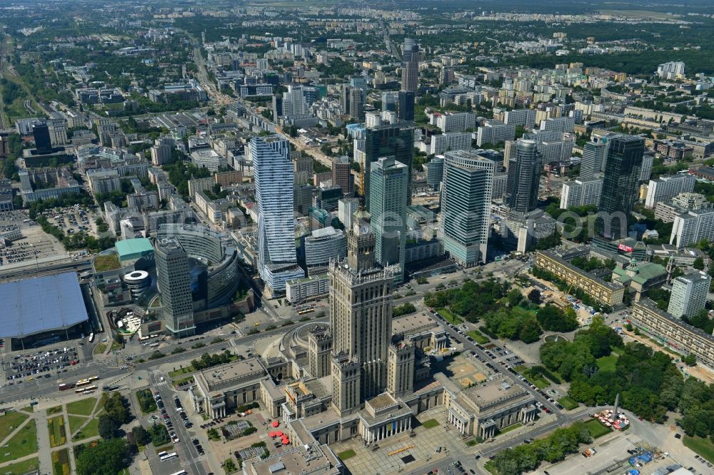 Warschau from above - View on the landmark in the city center, the high-rise building complex of the Palace of Culture and Science (Palac Kultury i Nauki Polish) in Warsaw in Poland