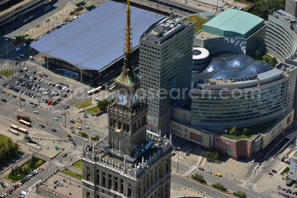 Warschau from the bird's eye view: View on the landmark in the city center, the high-rise building complex of the Palace of Culture and Science (Palac Kultury i Nauki Polish) in Warsaw in Poland