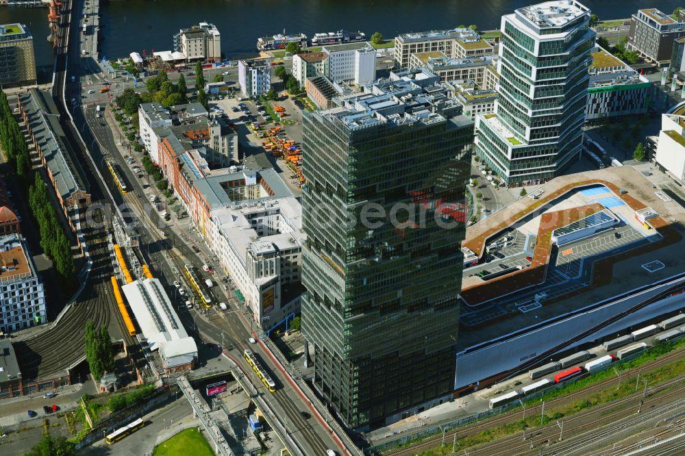 Berlin from above - High-rise building complex EDGE East Side - Amazon Tower on Tamara-Danz-Strasse - Warschauer Bruecke - Helene-Ernst-Strasse in the Friedrichshain district in Berlin, Germany