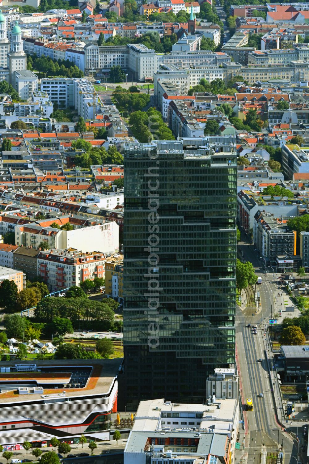 Berlin from above - High-rise building complex EDGE East Side - Amazon Tower on Tamara-Danz-Strasse - Warschauer Bruecke - Helene-Ernst-Strasse in the Friedrichshain district in Berlin, Germany