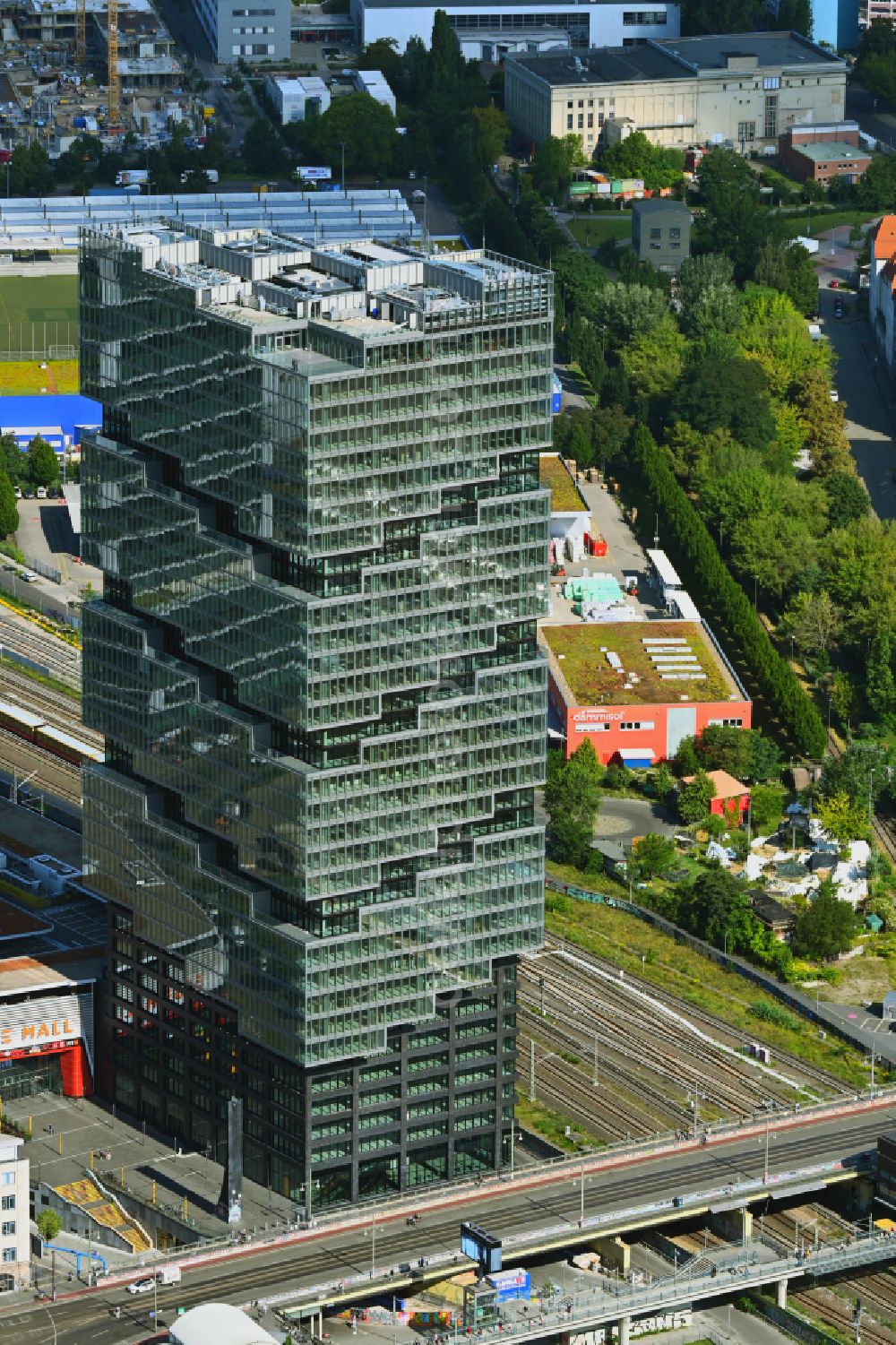 Berlin from above - High-rise building complex EDGE East Side - Amazon Tower on Tamara-Danz-Strasse - Warschauer Bruecke - Helene-Ernst-Strasse in the Friedrichshain district in Berlin, Germany