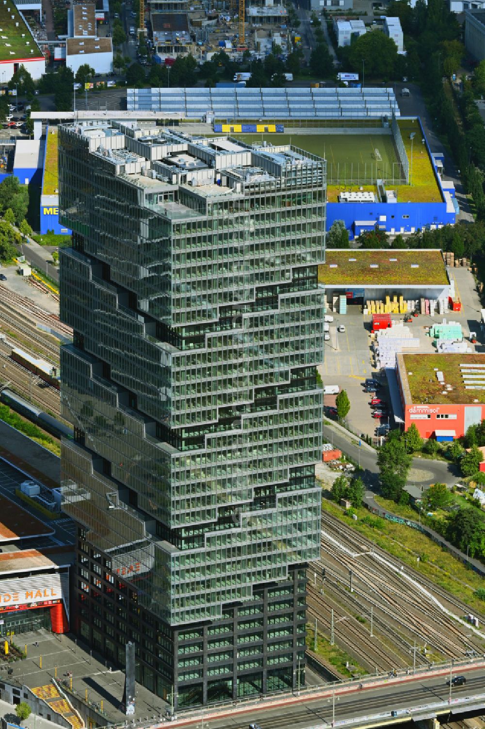 Berlin from the bird's eye view: High-rise building complex EDGE East Side - Amazon Tower on Tamara-Danz-Strasse - Warschauer Bruecke - Helene-Ernst-Strasse in the Friedrichshain district in Berlin, Germany