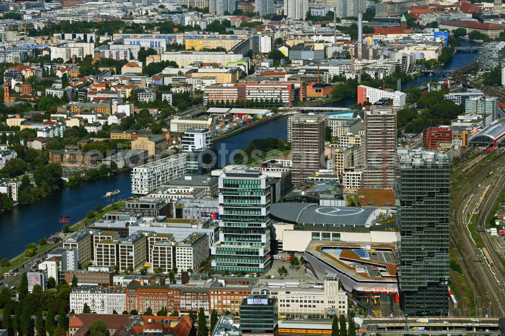 Berlin from above - High-rise building complex EDGE East Side - Amazon Tower on Tamara-Danz-Strasse - Warschauer Bruecke - Helene-Ernst-Strasse in the Friedrichshain district in Berlin, Germany